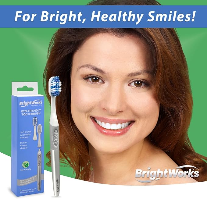 BrightWorks Toothbrush with Replaceable Heads - ECO-Friendly 100% PCR Handle with Aluminum Core, Soft Bristle Whitening Manual Toothbrush, Whole Mouth Cleaner (1 Handle + 2 Brush Heads)
