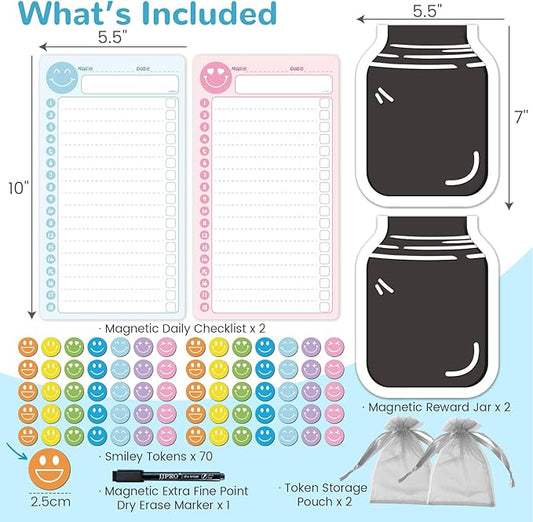 JJPRO Magnetic Reward Chart for Kids with Smiley Faces Reward Jars- 10" x5.5“ Reward Chore Chart for Toddlers,Daily Checklist for Kids,Behavior Chart List Board-Blue&Pink