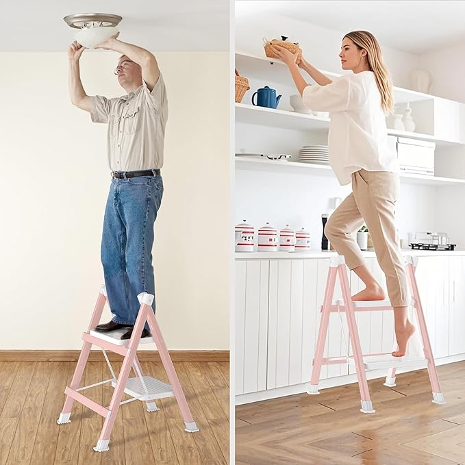 2 Step Ladder, Folding Step Stool with Anti-Slip Wide Pedal, Anti-Slip Feet, Sturdiest Steel Construction, Steel Ladder for Home and Office, Pink White