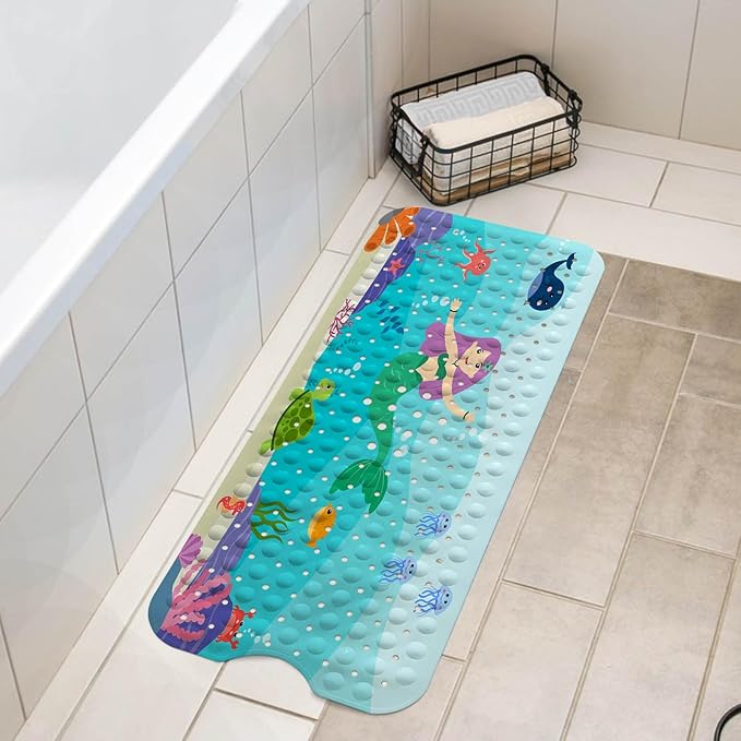 LNOND Bath Mat for Tub for Kids, Ocean Mermaid Bathtub Mat, Kids Bath Mats for Bathroom Non Slip with Drain Holes and Suction Cups,Machine Washable (40 X 16 Inch)
