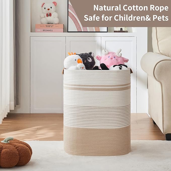 Laundry Basket with Handles - Blanket Basket & Hampers for Bedroom Aesthetic, Laundry Hamper & Blanket Storage for Living Room, Clothes Hamper, Tall, Large 17" x 14" x 22”, Off-white