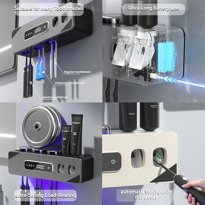 Automatic Toothpaste Dispenser,Rechargeable Toothbrush Holders for Bathrooms,3 Cups Electric Toothbrush Holder Wall Mounted with Toothpaste Dispenser Bathroom Decor (White)