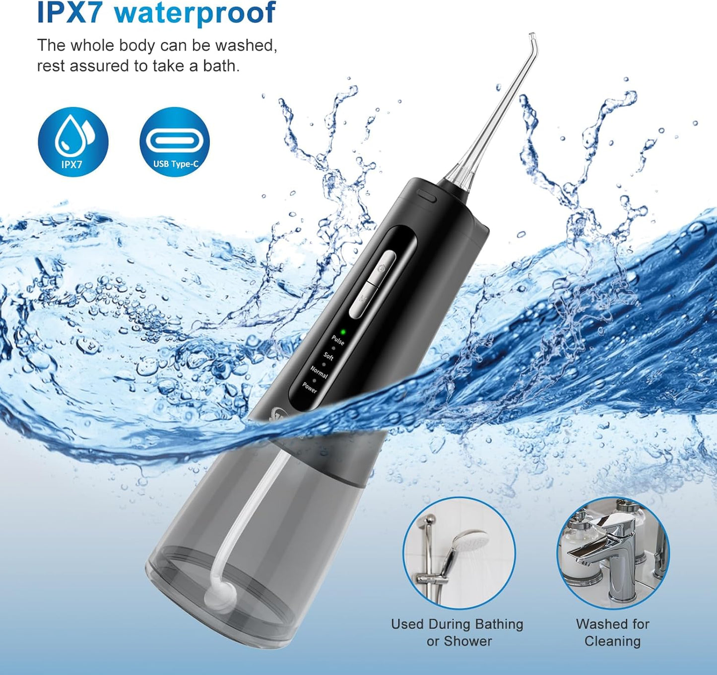 Cordless Water Dental Flosser Oral irrigator,JNGOODS 300ml Rechargeable Water flosser for Teeth IPX7 Waterproof 4 Modes Portable Oral Irrigator with 4 Jet Tips, Travel Home use (Black)