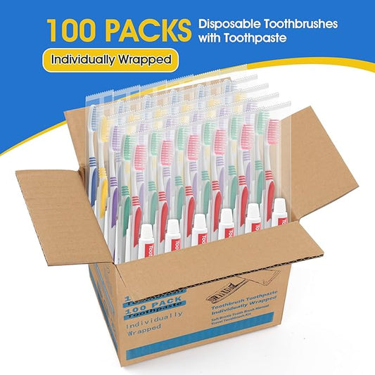 HOMVLE 100 Packs Disposable Toothbrushes with Toothpaste, Individually Wrapped Buld Toothbrush and Toothpaste Buld for Travel Size Toiletries, OCC, Airbnb, Dentist, Office/5 Colorful
