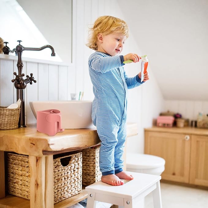 RyanLemon Elephant Toothbrush Holder for Toddler, Suction Cup Cute Toothbrush Holder for Kids, for Bathroom, with 3 Slots and 1 Hook, Watermelon Red