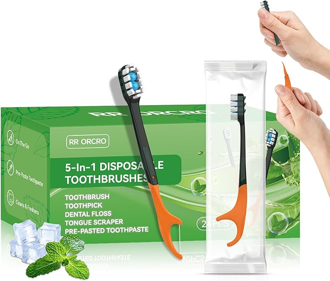 24Pack Disposable Toothbrush with Toothpaste All-in-One Oral Care Prepasted Individually Wrapped 5-in-1 Mini Toothbrush with Toothpick, Flosser, Tongue Cleaner, Perfect for Travel & On-The-Go (24P)