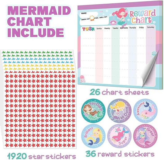 Reward Chart for Kids – Mermaid Magnetic Kids Behavior Chart, Pad with 26 Chore Charts, 1920 Star Stickers, 36 Incentive Stickers, Responsibility Chart for Kids Girls Toddlers - Kids Chore Chart