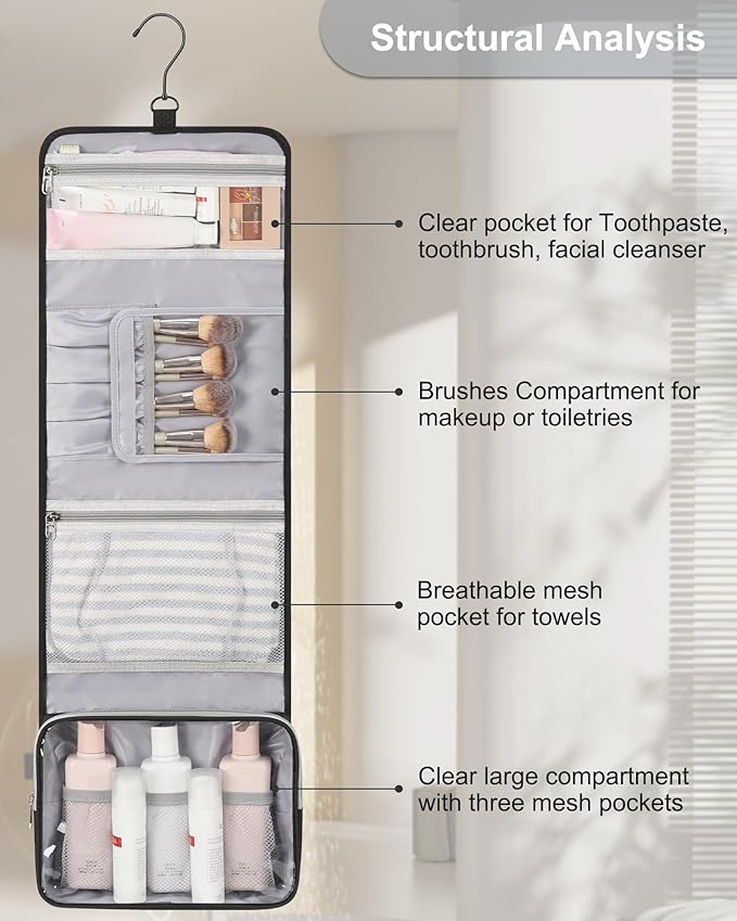 Travel Hanging Toiletry Bag with Makeup Brush Board, Portable Toiletries Bag with Hanging Hook, Water Resistant Wash Bag, Makeup Organizer with Cosmetics for Full Sized Travel Essentials - Black