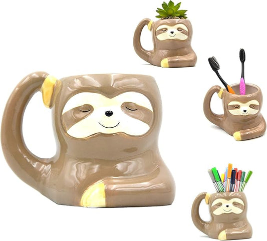 3.9 Inch Ceramic Sloth Shaped Cup Pen Holder Pencil Holder/Sloth Toothbrush Holder Cup Brush Holder Cute Desk Accessories Multipurpose Pot Sloth Gifts Ideal Gifts for Women, Mom or Birthdays