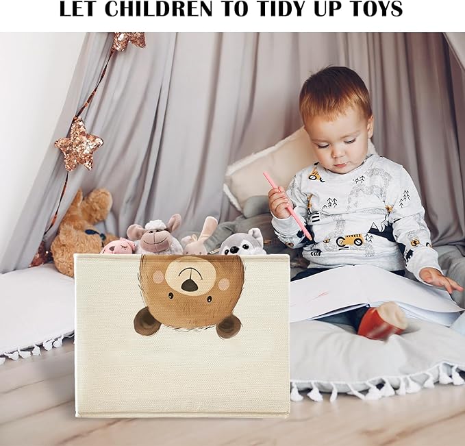 Rectangular Bear Basket Cute Animal Woodland Storage Basket Organizer Bins With Handles,Toy Baskets Storage Kids,Bear Laundry Baskets Organizer Collapsible Basket for Nursery Bedroom Bathroom