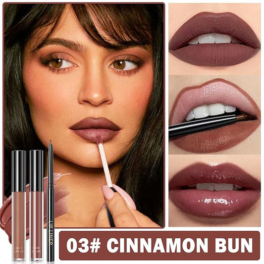 3 in 1 Lip Liner Pencil and Lipstick lipgloss Set Matte Lipstick Lip Gloss Kit Long-lasting Nonstick Cup Smudge Proof Lip Kits with Lip Liner,Moisturizing Lip Tint Lip Stain Makeup (03#Cinnamon Bun)