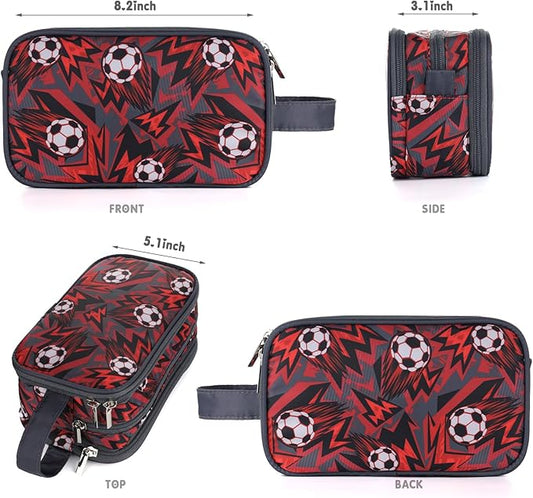 Kids Toiletry Bag for Boys, Travel Toiletry Bag for Little Young Boys Waterproof Hanging Wash Bag Toddler Traveling Toiletries, Red Soccer Balls