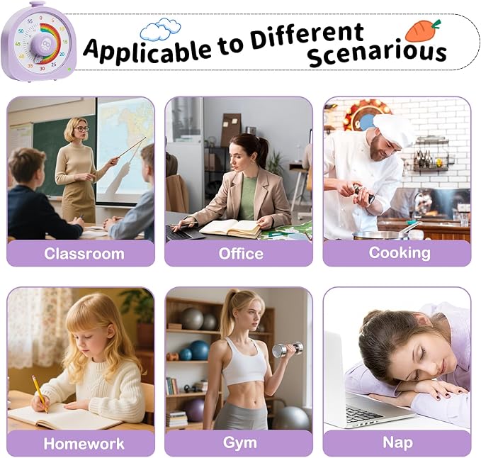 Visual Timer β Rainbow Magnetic Timer for Classroom, 60min/12h Rechargeable Countdown Timers, Silent Pomodoro Timers for Kids & Adults with ADHD