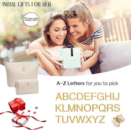 Women Gifts | Initial Makeup Bag Set for Girl Personalized Gifts for Bridesmaid Friend Graduation Teachers PU Leather Cosmetic Travel Toiletry Bag(Beige,L)