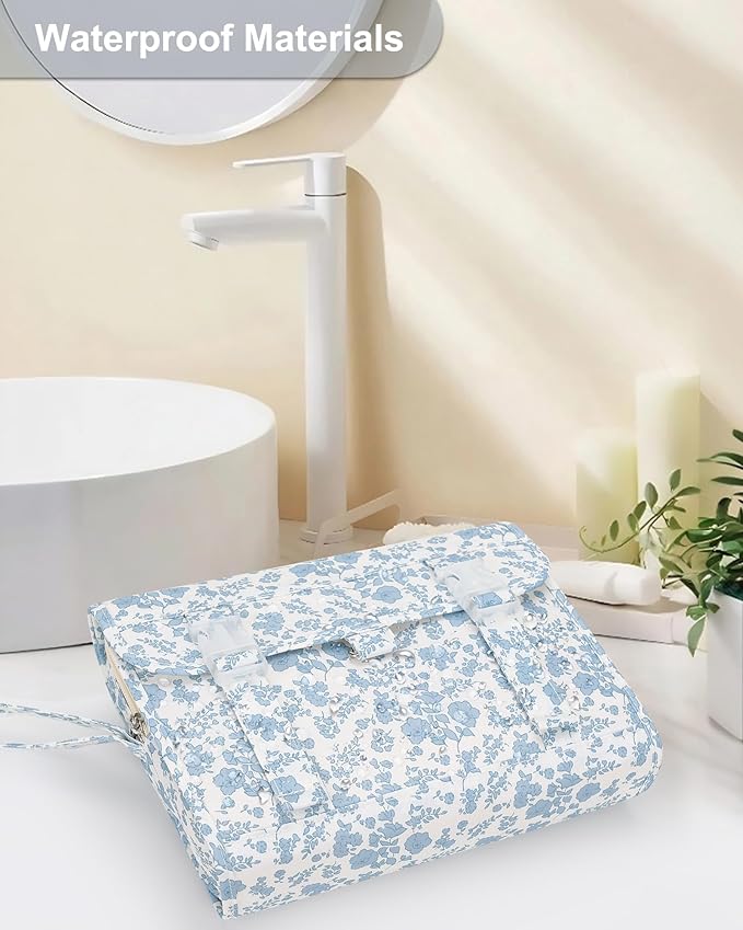 Hanging Toiletry Bag, Travel Toiletries Bag with Hanging Hook, Water Resistant Makeup Cosmetic Organizer for Full Sized Container, Shampoo, Portable Wash Bag for Travel Size Essentials - Blue Flower