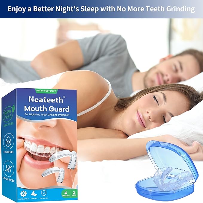Mouth Guard for Grinding Teeth at Night, Neateeth Night Guards for Teeth Grinding & Clenching, Pack of 4 Dental Guards for Sleeping – 2 Sizes, Travel Case Included