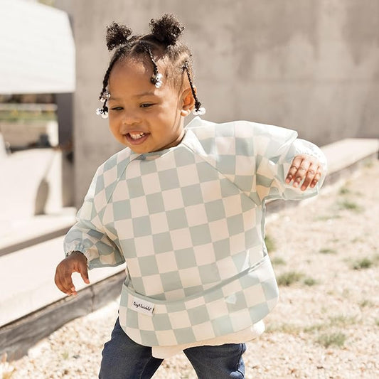 Tiny Twinkle Long Sleeve Bib for Babies & Toddlers – Waterproof Smock Bib for Eating – Machine Washable & Mess-Proof, Baby Feeding Essential & Shower Must-Have(Checkers Sage, 6–24M)