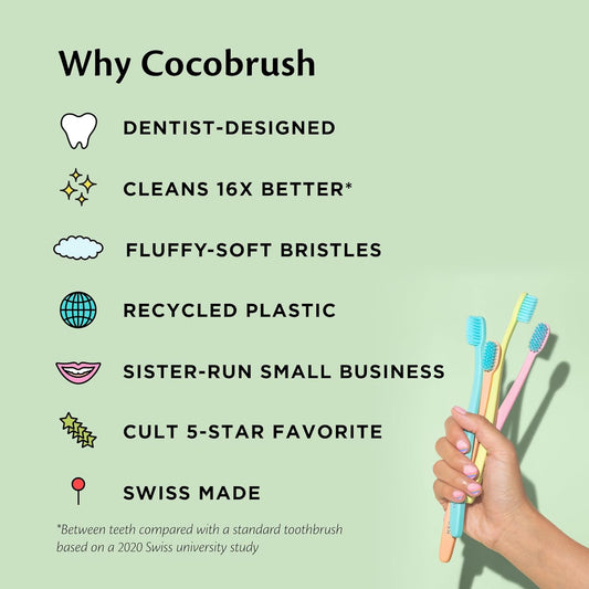 Cocofloss Cocobrush, Ultra-Soft Manual Toothbrush, Dentist-Designed, Gentle on Gums, Made from Recycled Plastic, Rainbow Set, Multipack of 4