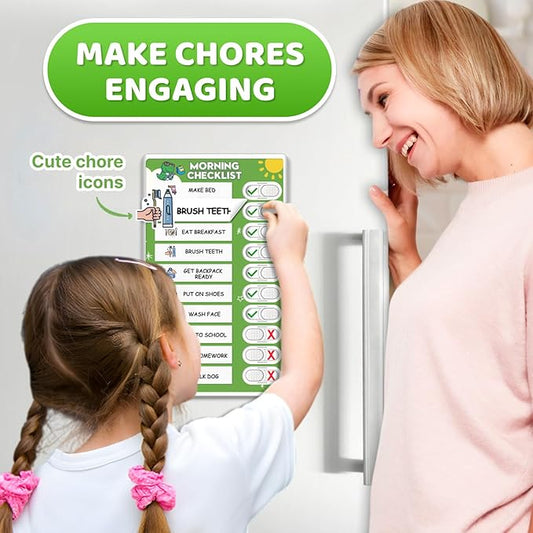 Upgraded Slider 3 in 1 Bedtime/Morning/Weekly Routine Chart for Kids, Magnetic Chore Chart for Kids with 99 Stickers, Cute Visual Schedule for Kid with Autism