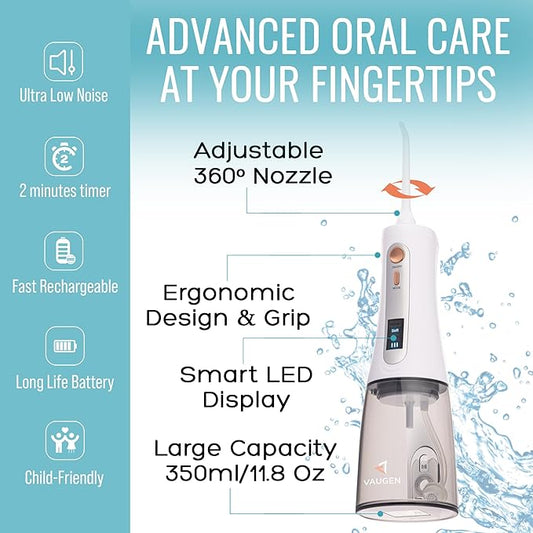 Portable Water Flosser – Cordless Oral Irrigator for Teeth Cleaning | 8 Jet Tips and 5 Modes | Travel and Home Use | Rechargeable and IPX7 Waterproof – White