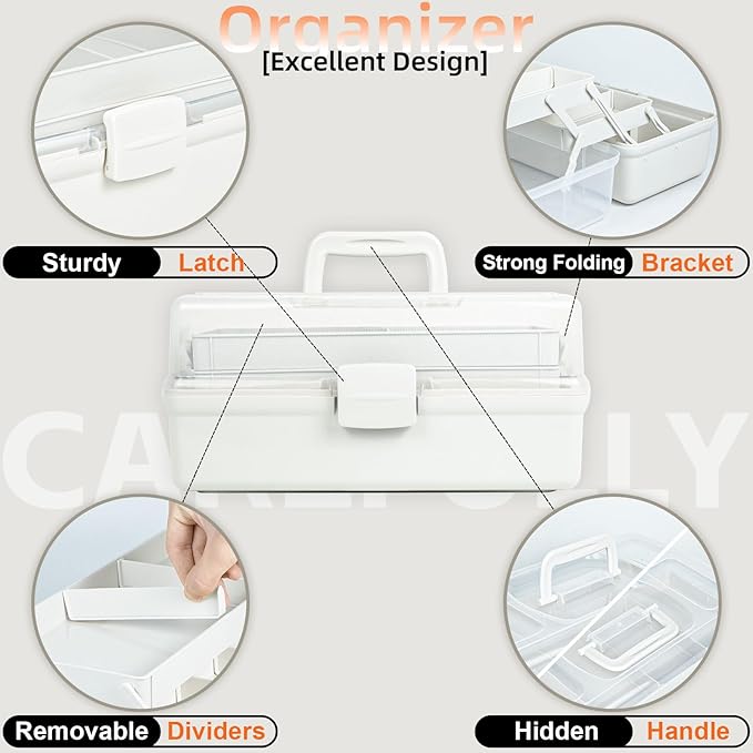 12.5in 3-Layer Multipurpose Craft Organizers and Storage with Adjustable Dividers, Portable Tackle Box, Folding Art & Craft Case for Medicine, Tool, Sewing Organizer (White)
