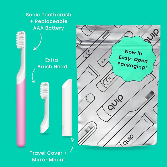 Quip Sonic Electric Toothbrush for Adults - Time Travel & Soft Bristles with Travel Case & Replacement Brush Head - 3 Month Battery Life, Plastic Handle - Magenta