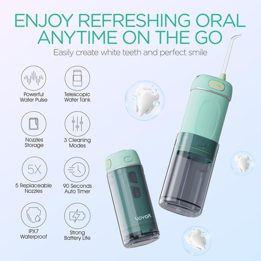 VOYOR-HEALTH Portable Water Flosser Cordless, Mini Travel Oral Irrigator with Telescopic Water Tank, IPX7 Waterproof Water Dental Flosser for Teeth Cleaning Braces & Dental Care WF510 (Light Green)