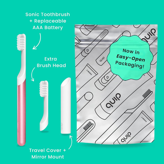 Quip Metal Sonic Electric Toothbrush for Adults - Time Travel & Soft Bristles with Travel Case & Replacement Brush Head - 3 Month Battery Life - Pink