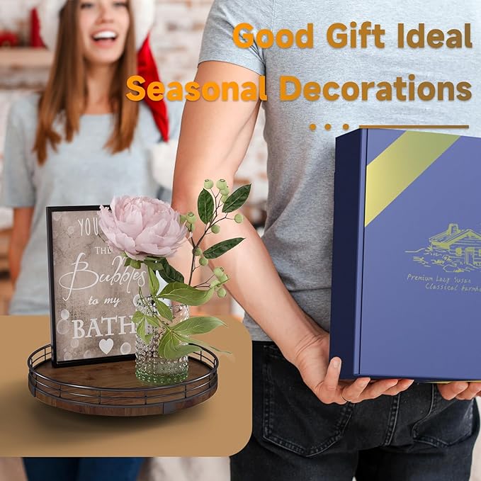 Farmhouse Oak 10" Lazy Susan Turntable Organizer for Cabinet, Round Wooden Lazy Susan Organization and Storage for Dining Table, Pantry, Kitchen, Countertop, Cupboard,Home Decor, Walnut Wood