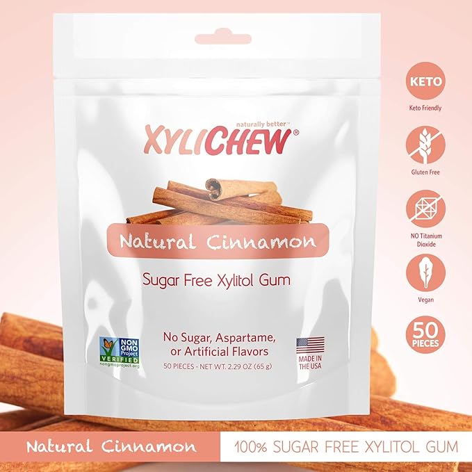 Xylichew 100% Xylitol Chewing Gum - Non GMO, Non Aspartame, Gluten Free, and Sugar Free Gum - Natural Oral Care, Relieves Bad Breath and Dry Mouth - Cinnamon, 50 Count