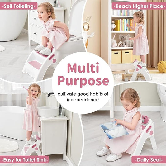 Toddler Step Stool Foldable 2 Step Stool for Kids Collapsible Anti-Slip Stepping Stool for Bathroom Sink Potty Toilet Toddler Kitchen Stool Helper (Pink)