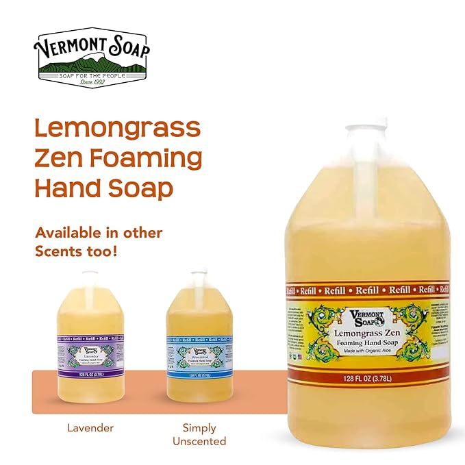 VERMONT SOAP Organics Foaming Hand Soap, Liquid Soap with Pre-diluted Formula - Ready to Use Lemongrass Hand Soap With Convenient and Economical Gallon Refill Size