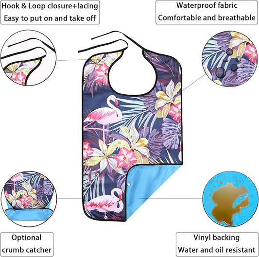 2 Pcs Adult Bibs for Women, Adult Bibs for Special Needs Adults for Eating, Waterproof Leakproof Clothing Protector with Crumb Catcher, Washable & Dryable Large Bib
