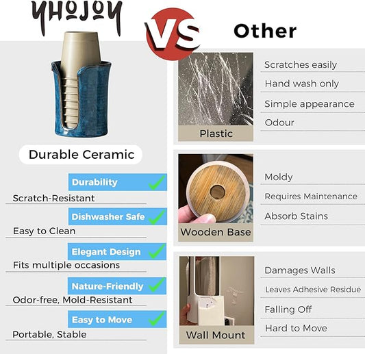 Bathroom Cup Holder, Ceramic Bathroom Cup Dispenser 3 Oz, Small Mouthwash Cup Dispenser Disposable Paper Cup Holder for Bathroom, Coffee Bar, Stoneware Design Modern Decor, Blue