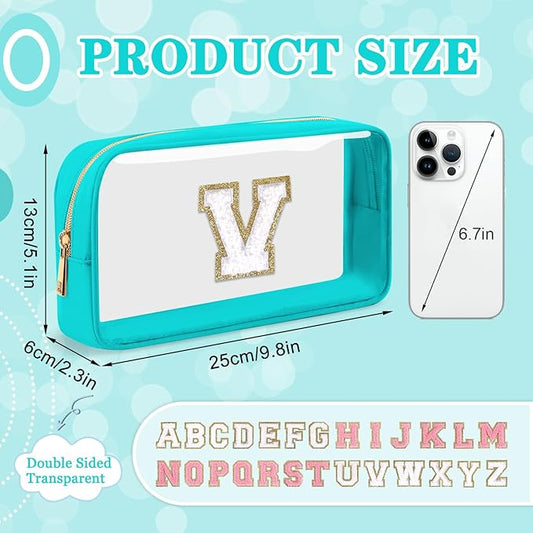 Small Clear Personalized Initial Makeup Bag, Preppy Nylon A-Z Chenille Letter Patch Makeup Organizer TSA Approved Travel Toiletry Bag,Waterproof Zip Beach Cosmetic Pouch Purse for Women(Cyan-White V)