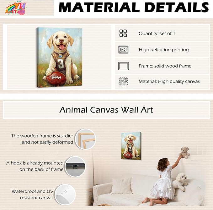 YOUHONG Animal Posters Animal Canvas Wall Art Dog Art with Inner Wooden Frame - Lightweight & Easy to Hang, Sports Wall Decor for Boys Bedroom & Living Room Decoration (12x15.7 Inches)