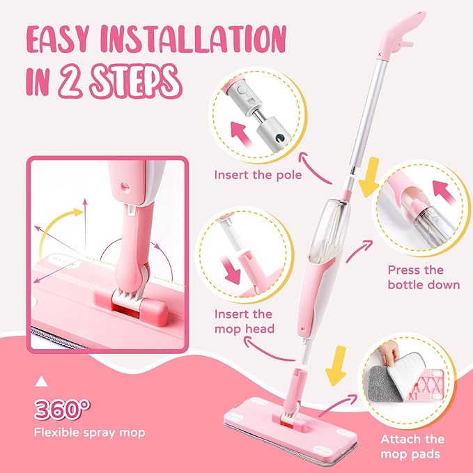 Pink Mini Spray Mop for Toddler-Girls Montessori Cleaning Toy That Real Spray Water,Pretend Playhouse Essentials for Girls Ages 3-8,Toddler Educational Housekeeping Set