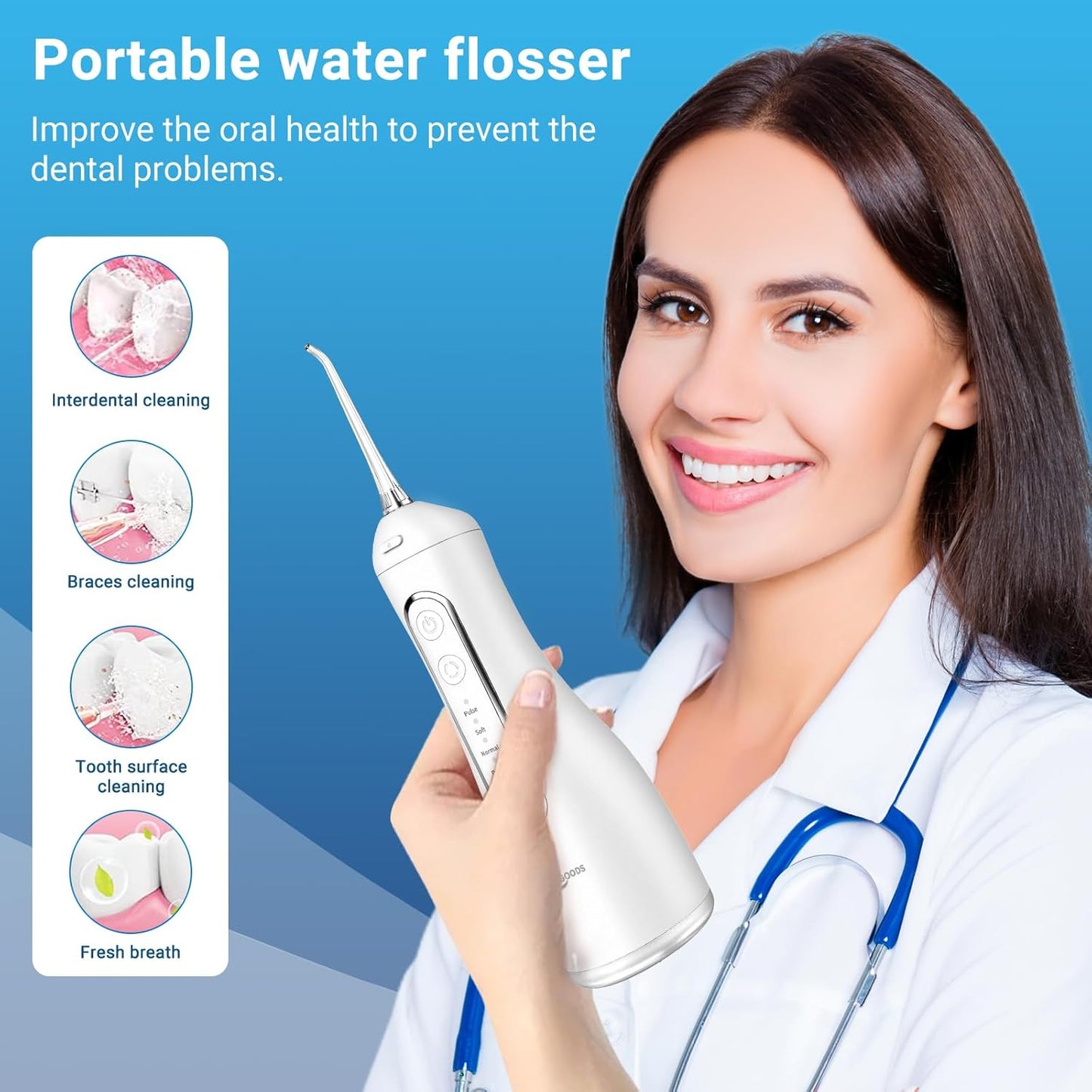 Cordless Water Dental Flosser Oral irrigator,JNGOODS 300ml Rechargeable Water flosser for Teeth IPX7 Waterproof 4 Modes Portable Oral Irrigator with 4 Jet Tips, Travel Home use (White)