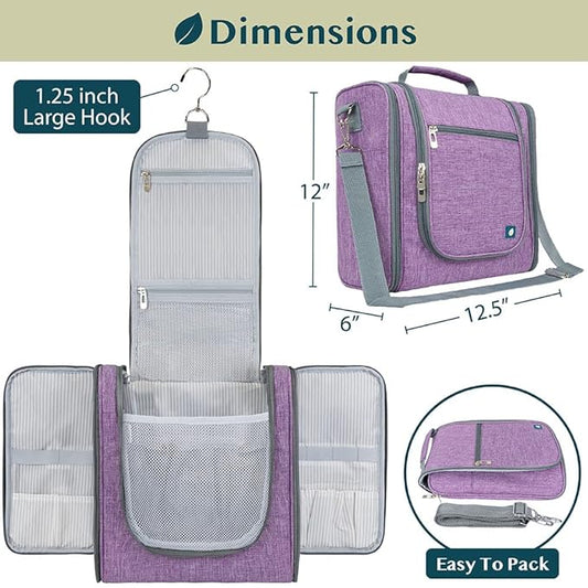 PAVILIA Extra Large Toiletry Bag Travel Bag for Women Men, Hanging Cosmetic Organizer, Water Resistant Makeup Bag for Accessories Toiletries, Travel Essentials Kit (Purple)