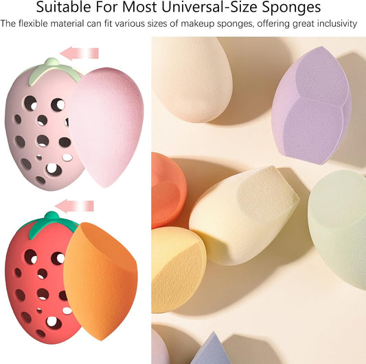 2PCS Makeup Sponge Holder for Women–Cute Strawberry Shaped Makeup Blender Holder,Double-Sided Breathable Silicone Case for Travel or Daily Use