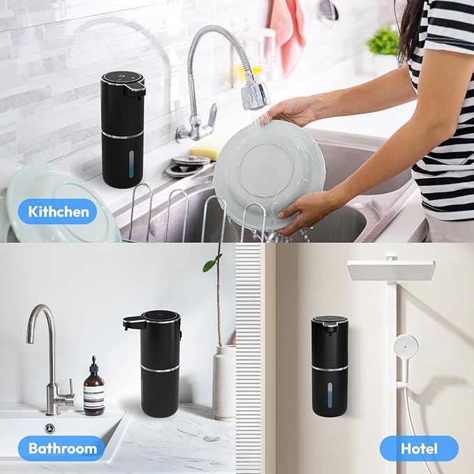 2 Pack Automatic Foaming Soap Dispenser,Touchless Foam Soap Dispenser,12.8oz Rechargeabled Wall Mounted Smart for Bathroom and Kitchen Dish Soap,Easy for Toddlers(Black)