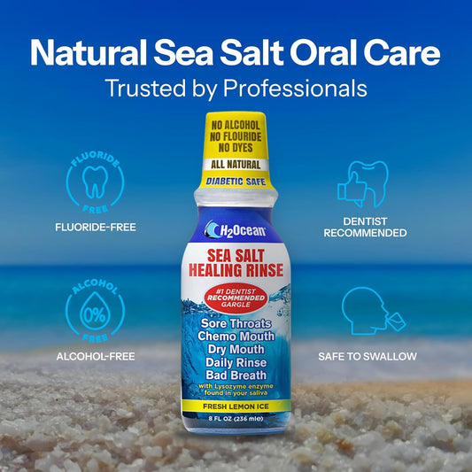 H2Ocean Healing Rinse Natural Sea Salt Oral Care - Mouth Rinse for Oral Care - Great for Piercings, Sore Throats & Gum Health - Alcohol- & Fluoride-Free Mouthwash - Lemon Ice, 8 oz