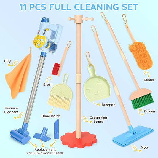 Dreamon Wooden Toddler Cleaning Set - 11Pcs Kids Cleaning Toy Set with 3-in-1 Kids Vacuum That Really Works, Montessori Cleaning Toys with Broom and Mop Set for Toddlers Girls Boys Age 3-6