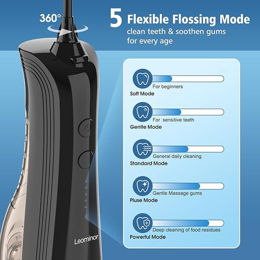 Leominor Water Dental Flosser - 5 Modes Cordless Portable Oral Irrigator, IPX7 Waterproof, Rechargeable Teeth Cleaner Upgrade Datchable Tank Professional Flossing Cleaning Pick for Home Travel (Black)