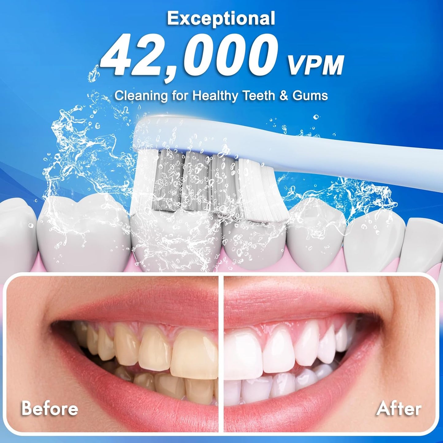 Sonic Electric Toothbrush for Adults and Kids, Comes with 10 Brush Heads & Travel Case, 5 Modes with 2 Minutes Built in Smart Timer, One Charge for 90 Days, 42,000 VPM Motor (Blue and White)