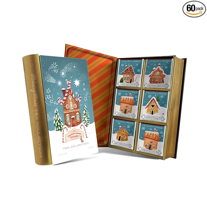 Life Plus Style Gourmet Williams & Spence Holiday House Tea Collection Set 6 Premium Flavors 60 Tea Bags Book Christmas Gift Sets Holiday Tea Sampler Gift for Women and Tea Lovers