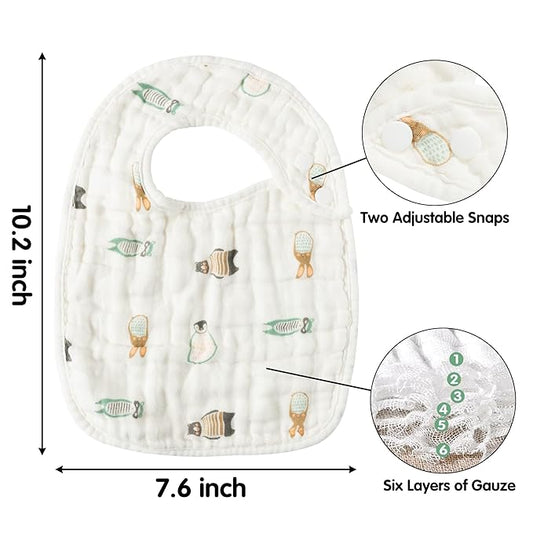 Zainpe 6Pcs Snap Muslin Cotton Bibs for Baby Bear Fox Deer Dog Bib Adjustable Machine Washable Burp Cloths with 6 Absorbent Soft Layers for Unisex Infant Newborn Toddler Drooling Feeding Teething