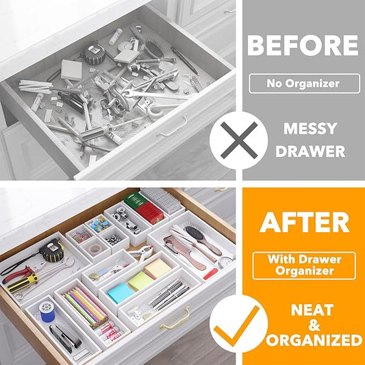 SpaceAid 14-Piece Bamboo Drawer Organizer Storage Boxes Set, Wood Tray Junk Drawer Organizers Multi-Use Divider Bins for Kitchen, Bathroom, Office Desk and Makeup Organization (14 Pack, White)