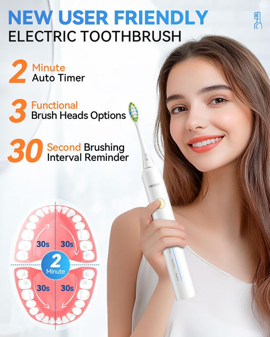 Sonic Electric Toothbrush with 40000VPM Cleaning Power for Adults&Kids, 60-Day Battery Life Rechargeable Power Toothbrush with 5 Modes, 2-Min Smart Timer, 7 Brush Heads & Travel Case (White, 1 Count)