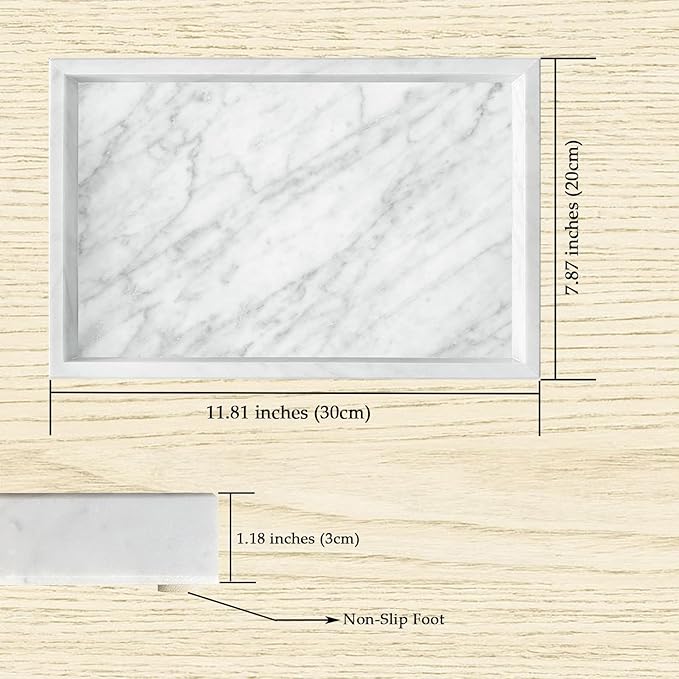 Yew & Tulip Natural Carrara White Marble Vanity Tray, Natural White Marble Serving Tray for Bathroom, Kitchen, Vanity, Home Decor, Wedding etc. (12" x 8" x 1.2")